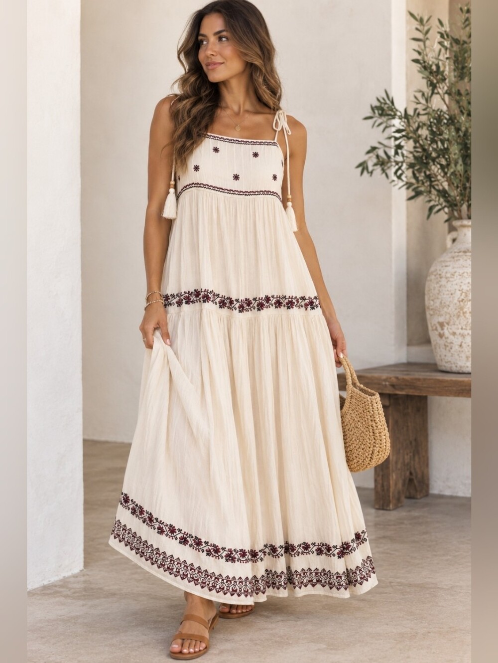 American Eagle Outfitters Cream Maxi Dress with Burgundy Embroidery